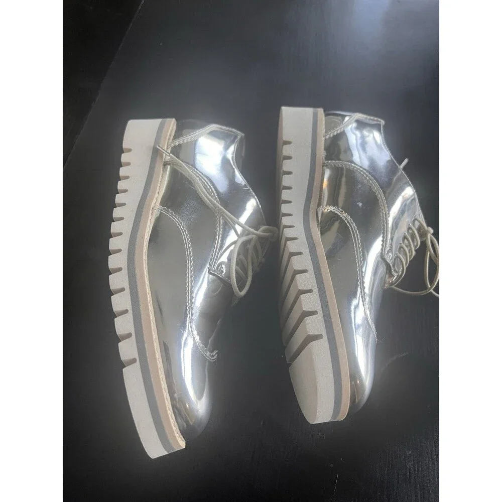 ZARA Women's EU 37 US 6.5 Metalic Silver Lace up Platform Oxford Shoes Oxfords - Picture 3 of 6